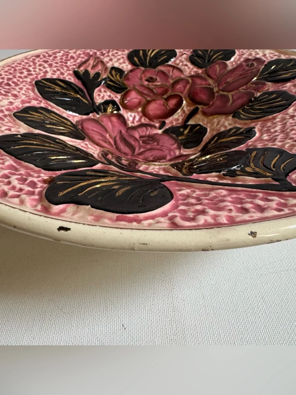 Vtg Vallauris France Majolica Rose Floral Relief Platter MCM Hollywood Regency